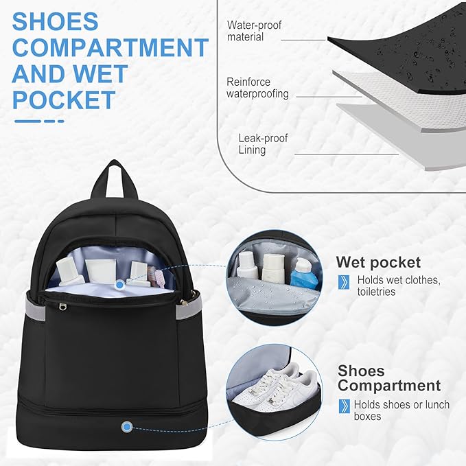 coofay Small Gym Backpack For Women Men Black Travel Backpack With Shoe Compartment Waterproof Sports Backpacks Small Gym Bag for Women Dance Backpacks For Dancers