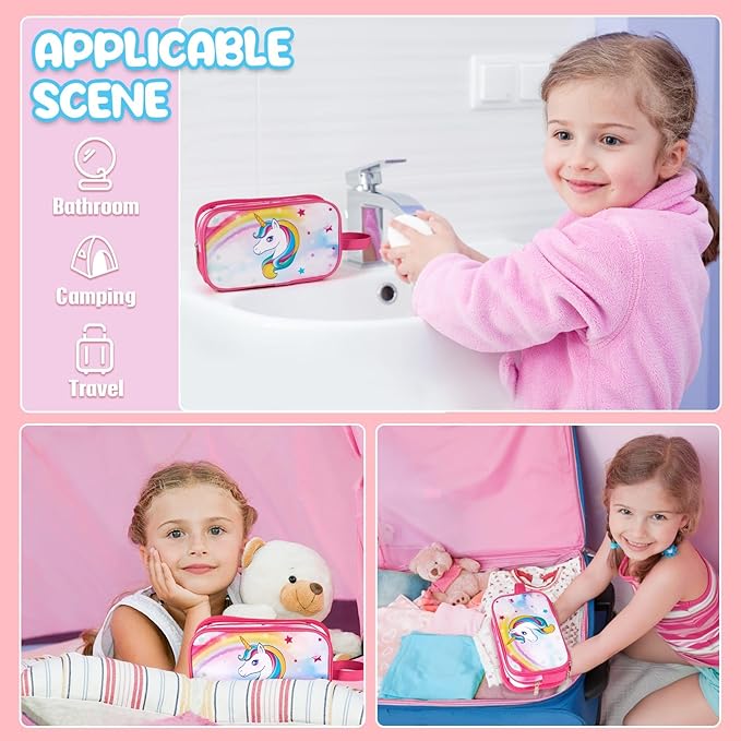 WAWSAM Toiletry Bag for Girls - Kids Toiletry Bag Christmas Birthday Gift Camping Travel Toiletry Case Toiletries Makeup Cosmetic Pouch Pink Water-resistant Wash Bag Dopp Kit with Mesh Pocket