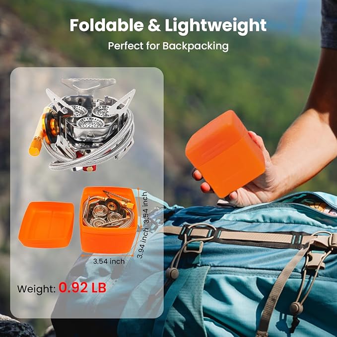 Portable Propane Camping Stove for Outdoor - GEEKHOM 6800W Windproof Gas Stove with Piezo Ignition; 2-Fuel Butane Propane Backpacking Stove for Hiking & Picnics; Tripod Base & Adapter