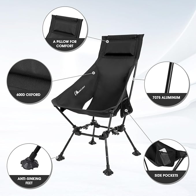 MOON LENCE High Back Folding Camping Chairs, Height-Adjustable, Widened Seat, for Beach with Anti-Sinking Feet