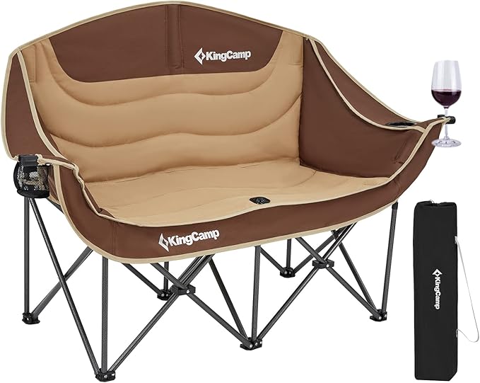 KingCamp Double Camping Chair, Oversized Heavy Duty Loveseat for Adults Portable Folding XL 2 Person Couch Padded Comfortable Two Seat with Cup Holder for Outdoor Lawn Backyard