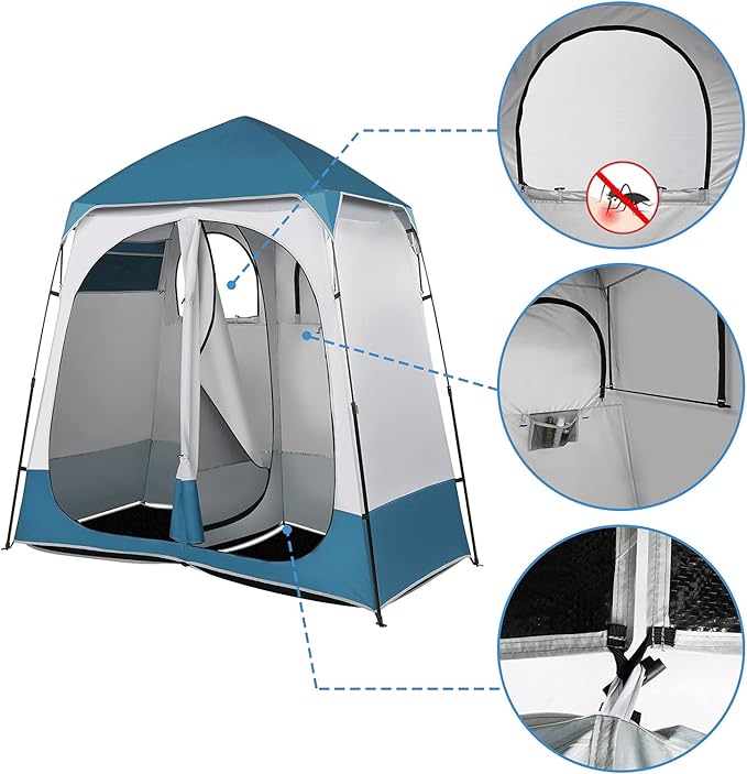 Outvita Oversize 2 Rooms Shower Tent, 7.5 FT Outdoor Pop up Changing Room, Instant Extra Wide Privacy Shelter for Camping Dressing Toilet Bathroom with Carry Bag, Blue & White