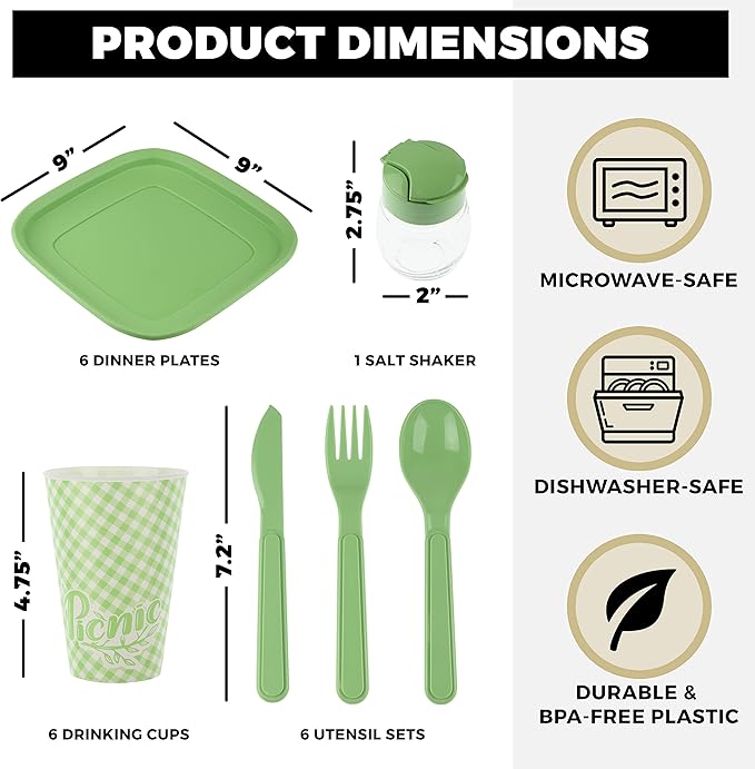 Tribello Camping Picnic Dishes Set with Case, 32 Plastic Reusable Cutlery - BPA Free, Microwave / Dishwasher Safe