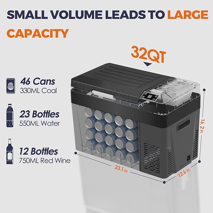 12 Volt Refrigerator Electric Cooler - 32Quart(30L) Refrigerator Compressor 12/24V DC & 100-240V AC, 12V Fridge Usable Battery for Truck, Boat, Camping, Travel, Home
