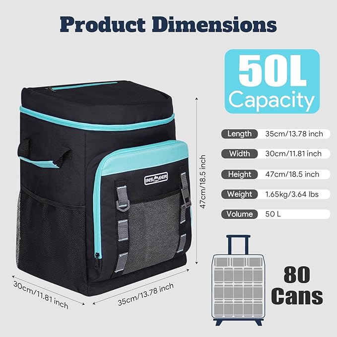 INSMEER Cooler with Wheels and Handle, 80 Cans/50L Rolling Cooler, Portable Soft Sided Coolers with Wheel, 2-in-1 Collapsible Cooler Trolley Cart, Large Coolers for Grocery Shopping