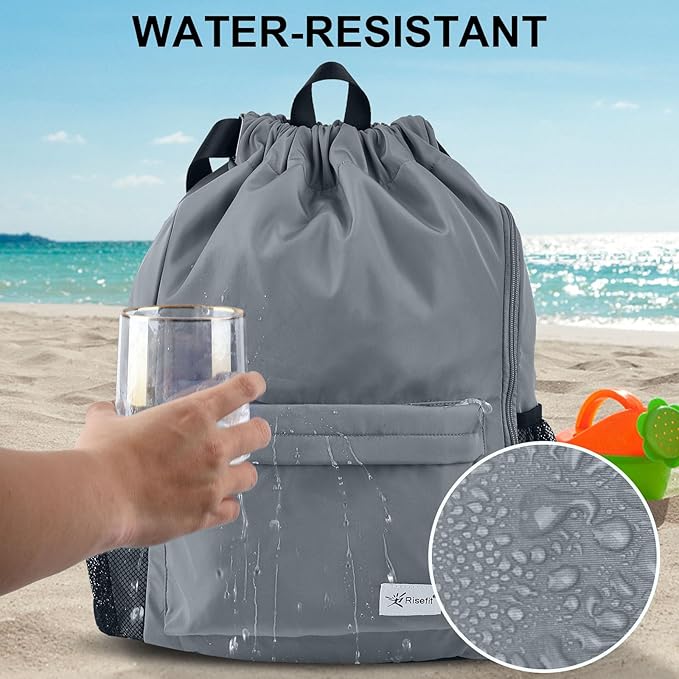 Drawstring Backpack with Mesh Pockets String Gym Bag Sackpack Sandproof Water Resistant Beach Backpack for Men Women