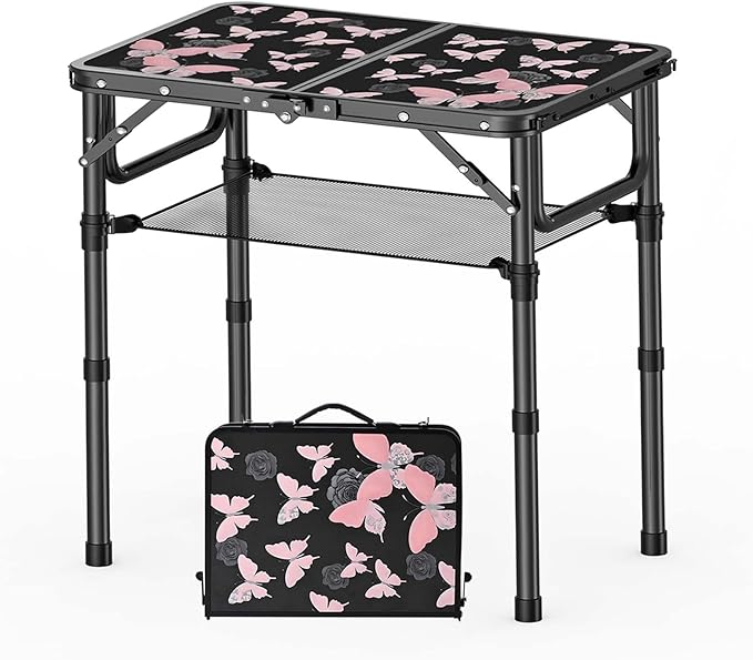 Small Camping Table, Vintage French Butterflies Pattern Folding Table, Adjustable Height, Lightweight & Portable Outdoor Picnic Table with Carry Handle for Patio, Living Room, Travel