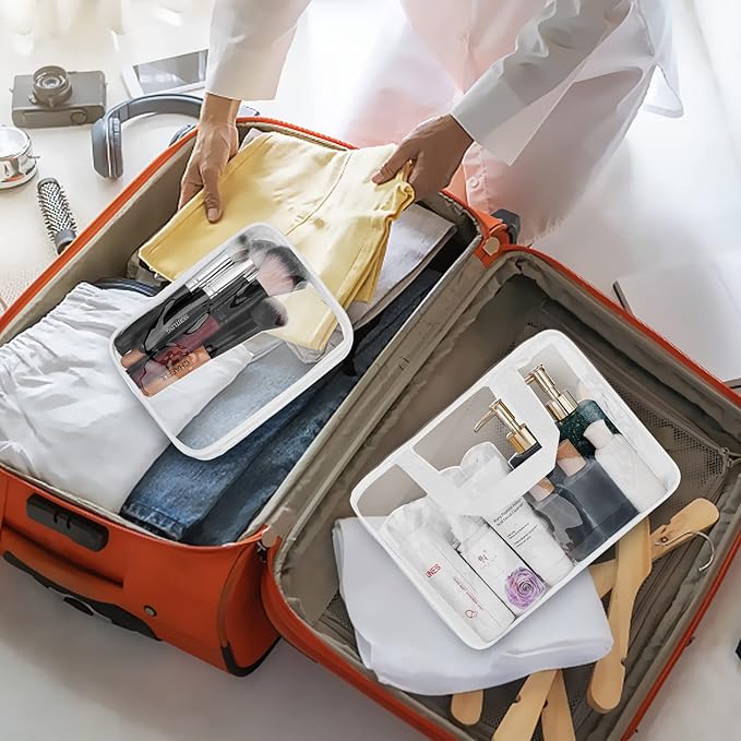 3Pcs Crystal Clear PVC Travel Toiletry Bag Kit for Women Men, Waterproof Vinyl Organizer Clear Makeup Bags with Zipper Handle Straps, Cosmetic Bag Pouch Carry on Airport Airline Compliant Bag Handbag