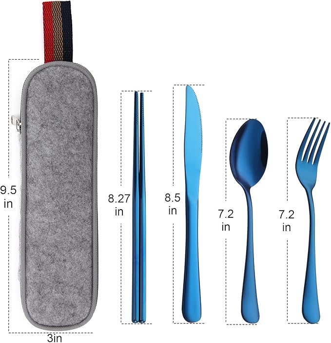 DEVICO Camping Utensils, Portable Travel Utensils with Case, Stainless Steel Reusable Silverware for Lunch Adult, 5Pcs Cutlery Set Includes Knife Spoon Fork Chopsticks and Case (Blue)