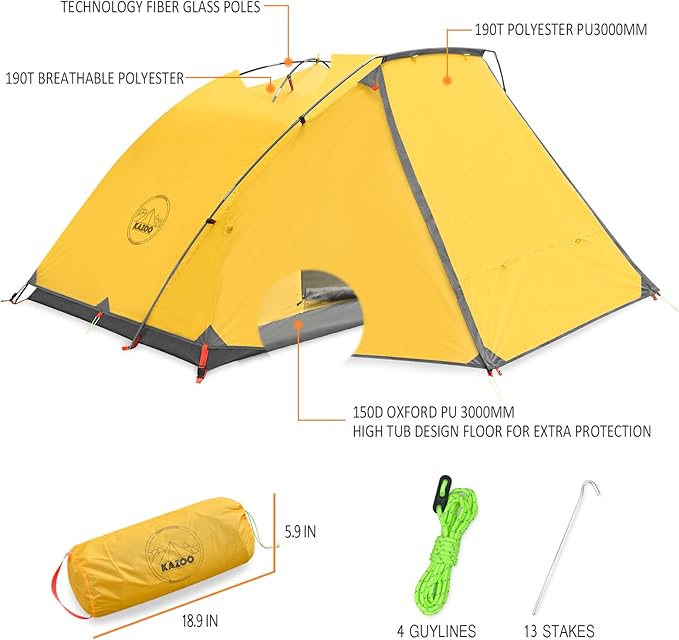 KAZOO 2/4 Person Camping Tent Outdoor Waterproof Family Large Tents 2/4 People Easy Setup Tent with Porch Double Layer