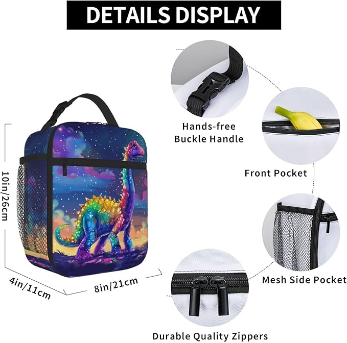 SARA NELL Dinosaur Insulated Lunch Bag Cute Dino Rainbow Tie Dye Body in Magic Sparkle Space Lunch Box for Women Men Teens Kids, Reusable Lunch Tote Bag