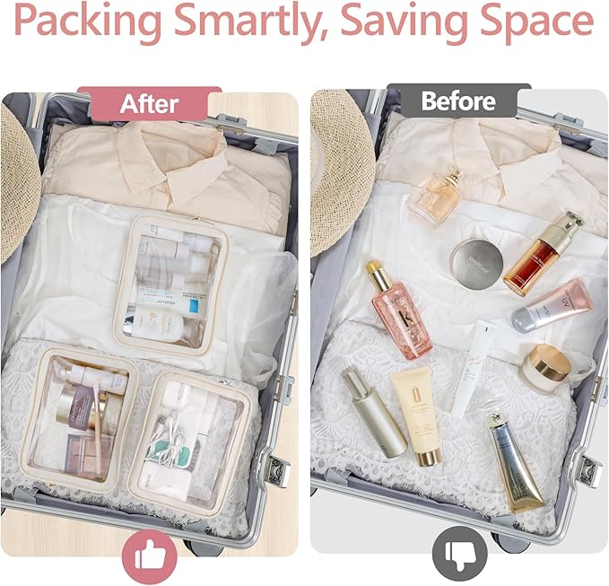 PACKISM TSA Approved Toiletry Bag - Upgrade Color-Edged Clear Makeup Bag, Unique Appearance, 2 Pack Clear Travel Bags Hold Lots of Items Also Great for Organizing Car Console, Beige (2 Sizes)