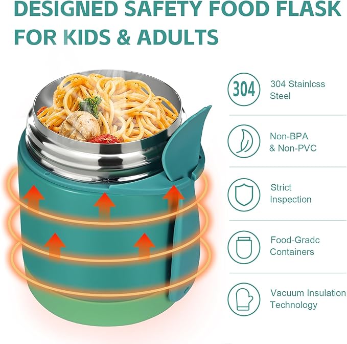 Pawtong10oz Soup Thermo for Hot Food Kids Insulated Food Jar,Thermo Hot Food Lunch Container, Width Mouth Stainless Steel Lunch Box for Kids with Spoon (Green)