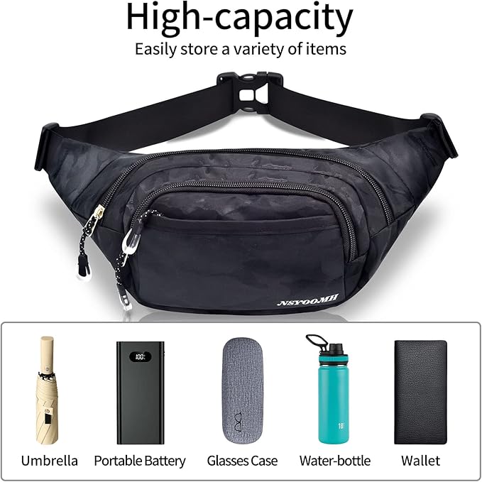 Fanny Pack for Women & Men, 5-Zipper Pockets Water Resistant Practical Waist Bag, for Outdoor Running Cycling Sports Travel Hiking Fishing Fashion Camo Black Belt Bags