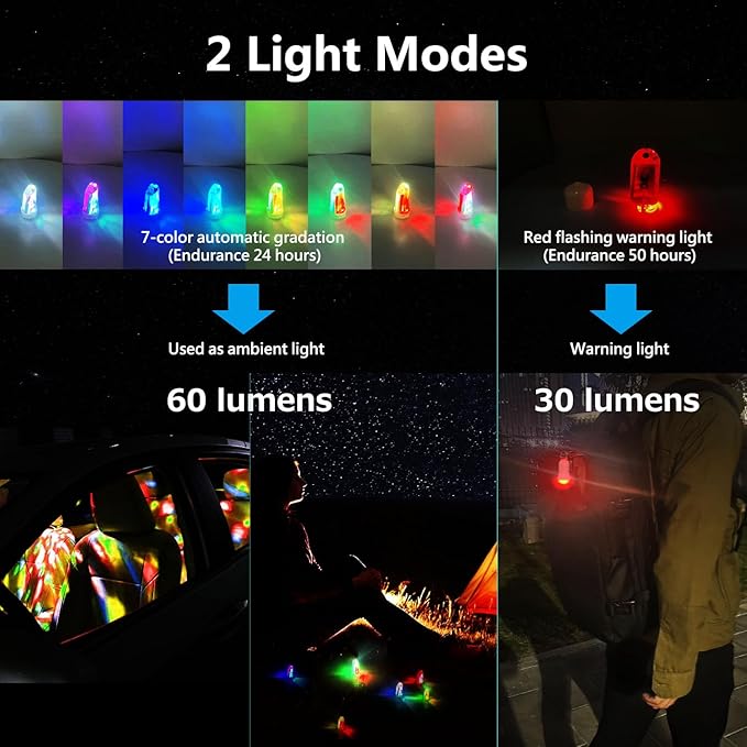 USB Mini LED Lantern, 2 Pack Waterproof EDC Keychain LED Flashlight for Camping, Type-C Rechargeable Battery Small Stick Lamp Puck Dog Collar Torch Light (7-Color Automatic Flashing)