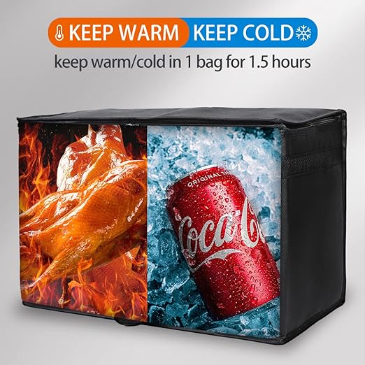 Bodaon 1-Pack Insulated Food Delivery Bag, XX-Large Reusable Grocery Shopping Bag, Frozen Food Cold, Cooler Bags with Zippered Top, Black