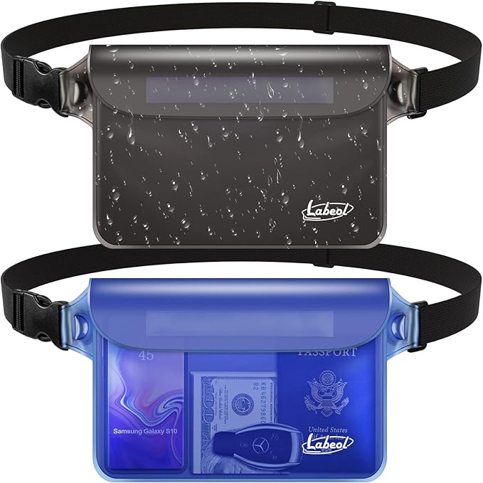 Labeol Waterproof Fanny Pack, 2 PCS Waterproof Pouch with Waist Strap, Fanny Pack to Keep Phone and Valuables Dry for Swimming Kayaking Boating Snorkeling