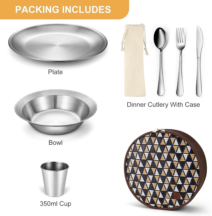 Odoland Camping Complete Messware Kit, Polished Stainless Steel Camp Dinnerware, Camping Cooking Tableware, Cutlery Organizer Utensil with Plates and Bowls Set for Backpacking, Hiking, Picnic