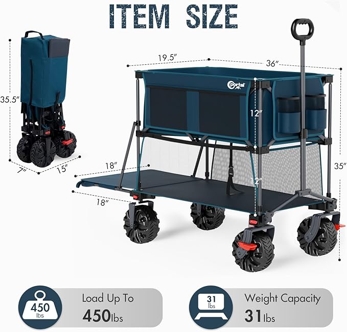 PORTAL 400L Large Capacity Collapsible Double Decker Wagon with Brakes, 450LB Heavy Duty Folding Cart with Tailgate, Foldable Utility Wagons for Camping, Beach, Garden, Sports, Shopping