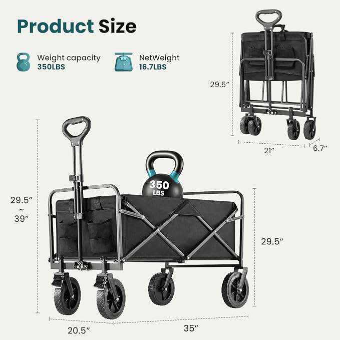 OLIXIS Heavy Duty Wagon Cart, 350 lbs Foldable Large Collapsible Wagons Carts with Wheels Smooth Maneuverability for All-Terrain, Suitable for Gardening, Camping, Beach - Black