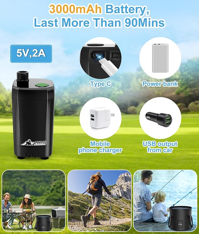 WADEO Portable Shower for Camping, Outdoor Electric Shower Rechargeable Pump with 20L Collapsible Bucket, Camping Shower Head Nozzle for Camping, Hiking, Traveling, Washing