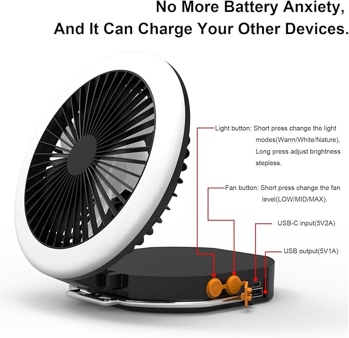 Camping Fan Light with Remote - 6000mAh x2 Rechargeable Battery, 24H Max Run Time, 2000LM, 3 Light Modes & Stepless Dimming, Ultra - Quiet, Includes Carry Bag