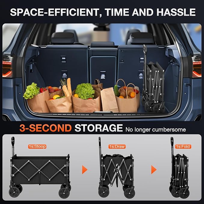 Foldable Wagon with Wheels, Portable Heavy Duty Collapsible Beach Cart - Large Capacity Utility Wagon for Shopping, Sports, Camping,Garden,Grocery - Black