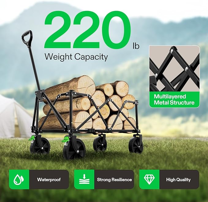 VIVOSUN Collapsible Folding Wagon, Outdoor Utility with Silent Universal Wheels, Cup Holders & Side Pockets, Adjustable Handle, for Camping, Garden, Sports, Picnic, Shopping, 220LBS, Grey & Green