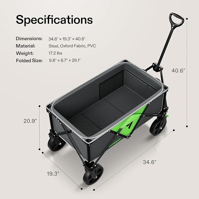 VIVOSUN Collapsible Folding Wagon, Outdoor Utility with Silent Universal Wheels, Cup Holders & Side Pockets, Adjustable Handle, for Camping, Garden, Sports, Picnic, Shopping, 220LBS, Grey & Green