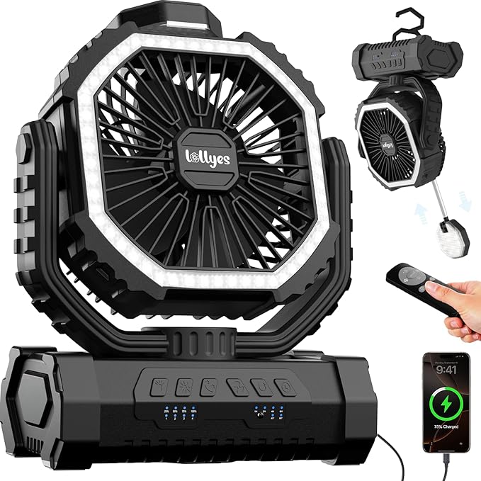 Portable Fan, AI Outdoor Rechargeable Camping Fan with Light, 20000mAh Battery Powered, 360° Rotating Hook, 4 Speeds for Indoor, Traveling, Tenting, RVing, Fishing, Beach (Black)