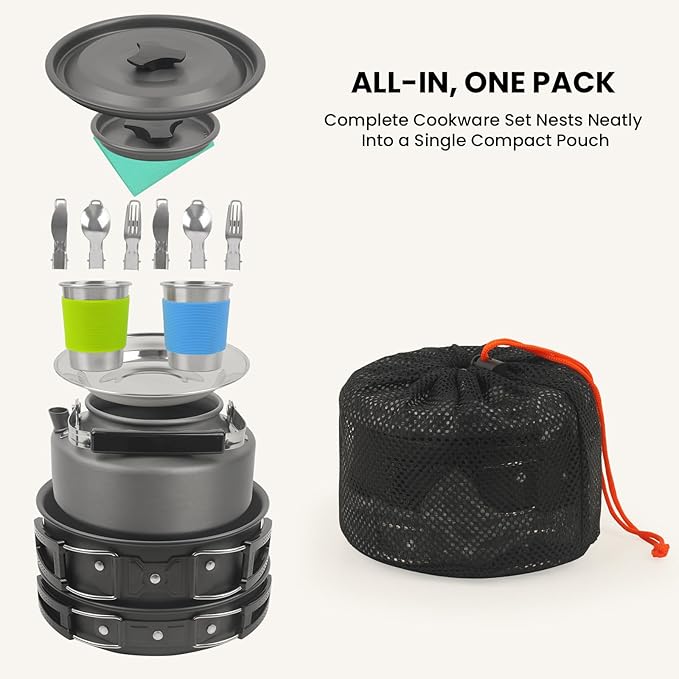 Portable BBQ Grill Cookware Set: GEEKHOM 20PCS Stainless Steel Camping Pots and Pans, Compact Foldable Design with Carrying Tote for Hiking,Camping, Backpacking, Picnic(2-3 Person)