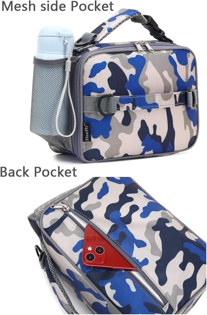 FlowFly Kids Lunch Bag, Durable Insulated School Lunch Box with Shoulder Strap and Bottle Holder, Water-resistant Thermal Small Lunch Cooler Tote for Teen Boys & Girls,Blue Camo