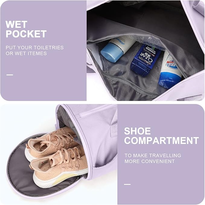 Gym Bag for Women & Men with Wet & Shoe Compartment, Small Duffle Bag for Travel, Sport, Gym, Workout, Overnight, Weekender, Carry-On - Purple