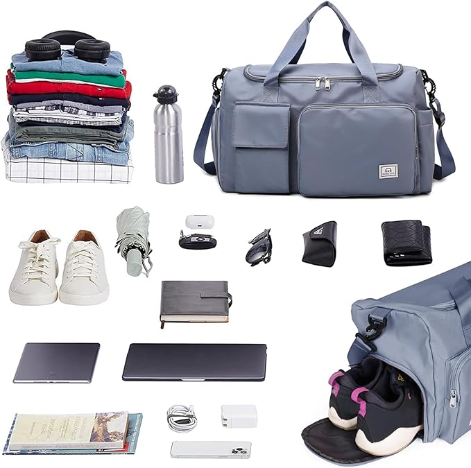 Travel Duffel Tote Bag with Dry Wet Separation Pocket, Weekender Bag for Women and Men,Waterproof Bag with Shoe Compartment Lightweight and Easy Carry on Blue