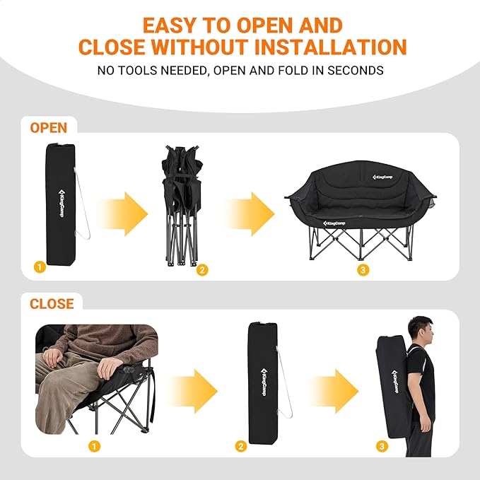 KingCamp Double Camping Chair, Oversized Heavy Duty Loveseat for Adults Portable Folding XL 2 Person Couch Padded Comfortable Two Seat with Cup Holder for Outdoor Lawn Backyard