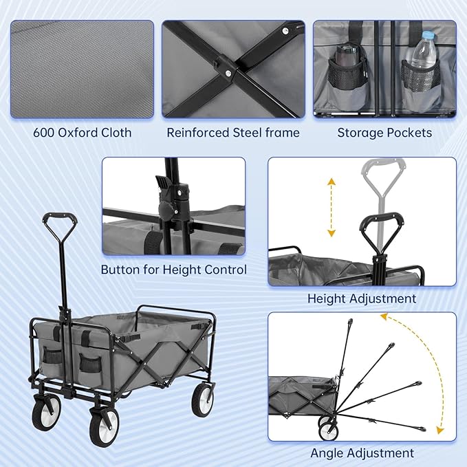 FDW 39''L Collapsible Wagon Cart, Heavy Duty Utility Folding Wagon for Outdoor Sports, 330 LBS Weight Capacity, Camping, Garden, and Shopping, Grey