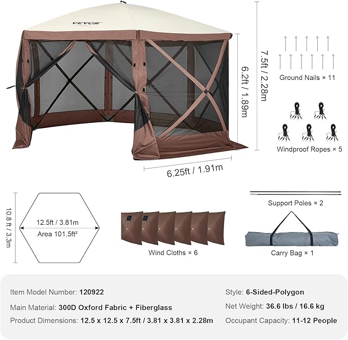 VEVOR Pop Up Gazebo Screen Tent 6 Sided Canopy Sun Shelter with 6 Removable Privacy Wind Cloths & Mesh Windows, 12.5x12.5FT Quick Set Screen Tent with Mosquito Netting, Brown