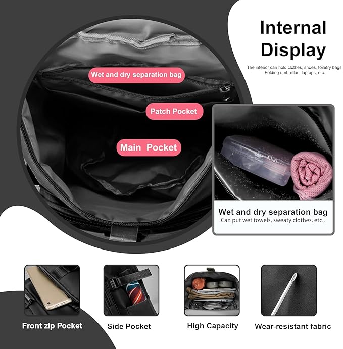 ZGWJ Sports Gym Bag with Wet Pocket & Shoes Compartment, Waterproof Shoulder Weekender Bag for Women and Men Swim Sports Travel Duffel Bag Lightweight and easy Carry on Black