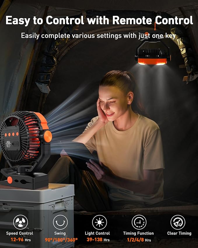 DUKUSEEK Clip Fan with LED Lantern, 20000mAh Rechargeable Clamp Fan, 360Β° Rotation USB Personal Fans with Hanging Hook, 9in Portable Camping Fan for Bed, Car, Bedroom, Outdoor