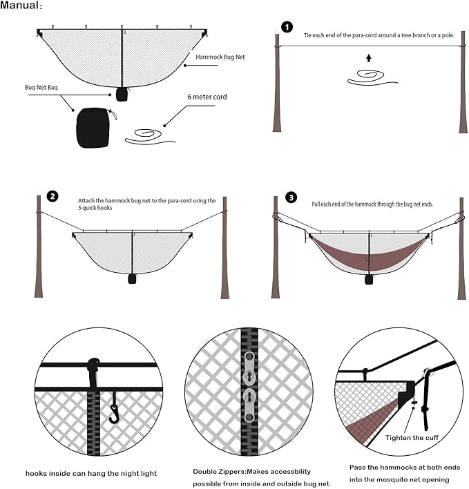 Mosquito net for Camping Hammock, Compact Lightweight Hammock Netting, 12' Long with Dual Sides Zippers Fits All Camping Hammocks