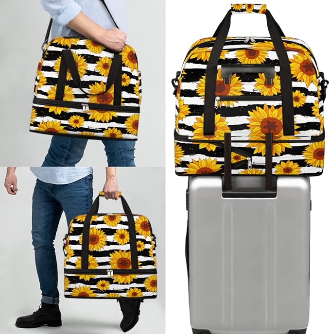 Sunflower Flower Stripe Foldable Travel Duffel Bag Sports Tote Gym Bag With Shoe Compartment For Woman Man Carry On Luggage Overnight Travel Weekend Yoga Workout Bag Training Handbag