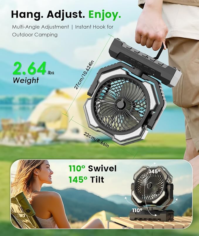 Camping Misting Fan - 30000mAh Portable Battery Powered Fans with 9oz Water Tank, Light, Hook - Rechargeable, 120H Cooling, Last 5H Mist, 4 Speed, Sleep Mode - Outdoor Fan for Travel, Patios, Fishing