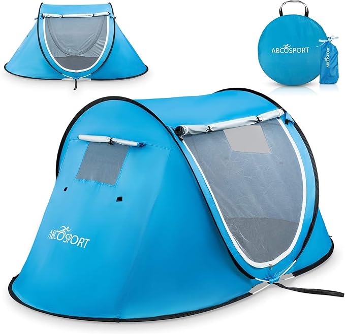 Abco Tech Pop Up Tent - Portable Tent for Camping 2 Person Pop Up with Double Doors - Water-Resistant and UV Protection - Foldable Cabana with Zipper and Carrying Bag - Sky Blue, 88.6"x47.2"x37.4"