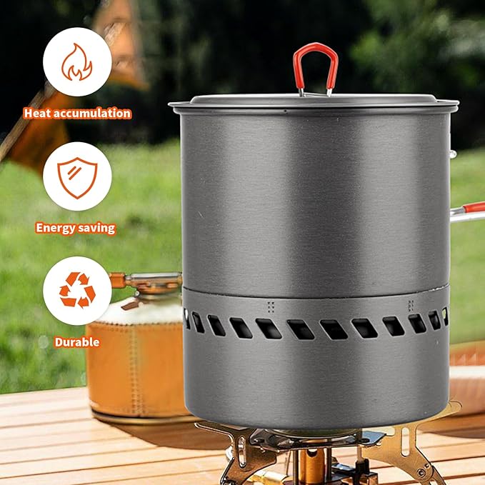 Tentock Outdoor Portable Heat Collecting Exchanger - 1L/1.5L/2.1L Camping Backpacking Hard Aluminum Pot with Folding Handle - Rapid Boil Billy Can with Compact Storage Mesh Pouch