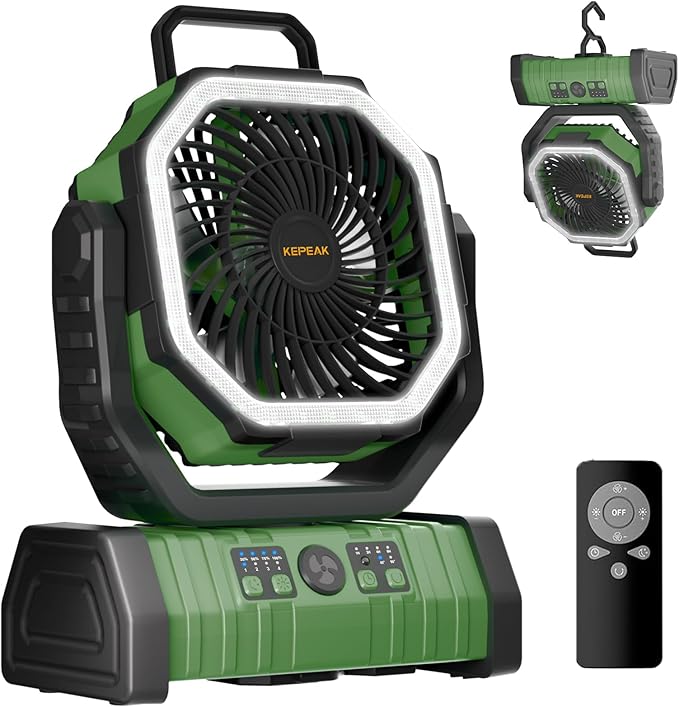 KEPEAK Rechargeable Camping Fan with LED Light, 20000Ah Battery Operated Powered Fan, 72H Runtime, Remote Control, 5.3m Airflow, Ultra-Quiet Portable Fan for Tents, Outdoor, Camping(Green)