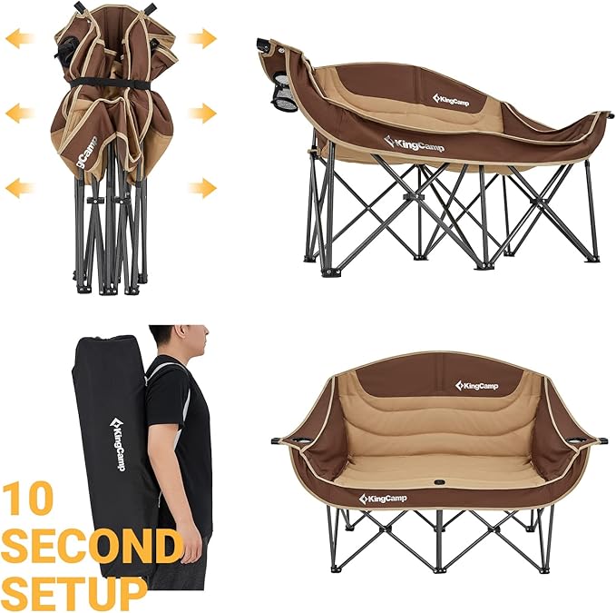 KingCamp Double Camping Chair, Oversized Heavy Duty Loveseat for Adults Portable Folding XL 2 Person Couch Padded Comfortable Two Seat with Cup Holder for Outdoor Lawn Backyard