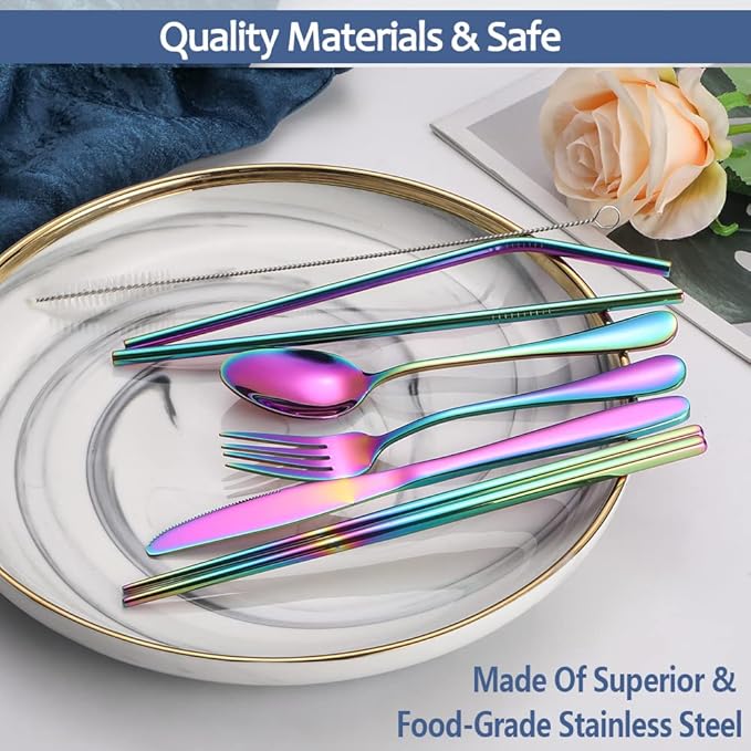 Portable Reusable Travel Utensils Silverware With Case, Camping Cutlery Set, Chopsticks and Straw, Flatware With Case, Stainless Steel Rainbow Top
