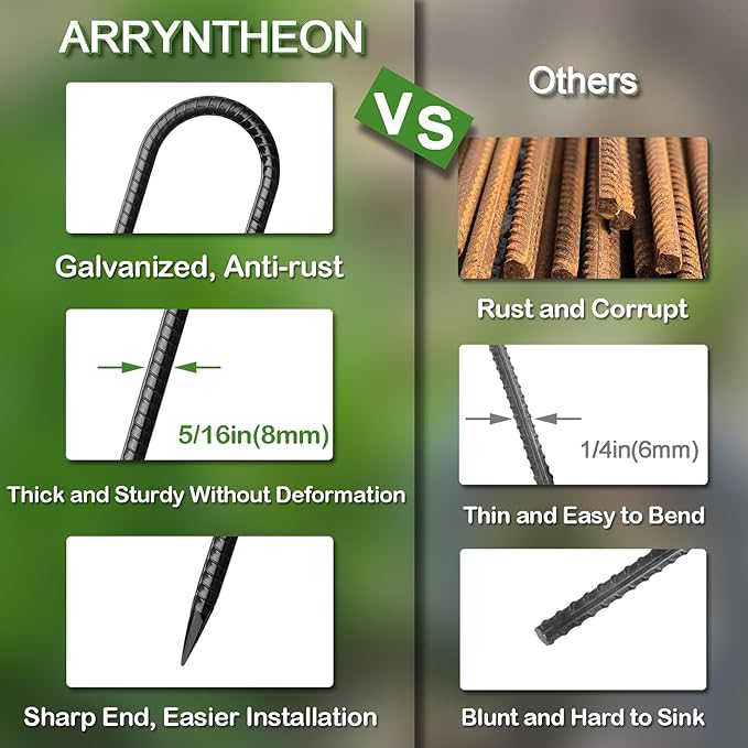Rebar Stakes 12 Inch 10 Pack Tent Stakes Heavy Duty Metal J Hook, Fence Stakes for Trampoline, Fence, Camping Tent (32, J-12 x5/16 Black)