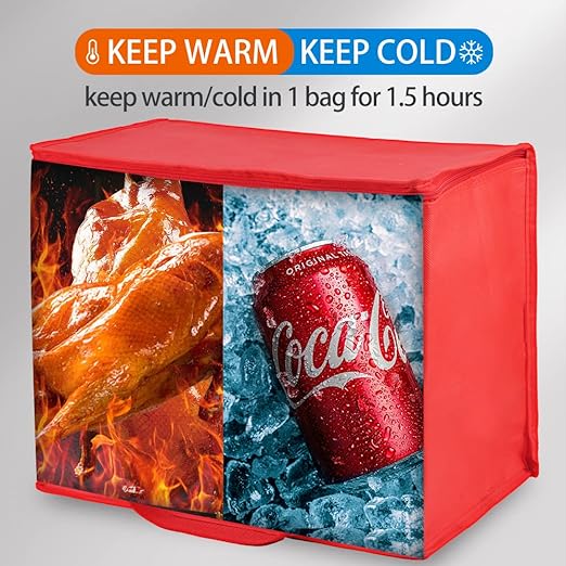 Bodaon 2-Pack Insulated Reusable Grocery Bag with Zippered Top, X-Large Insulated Food/Pizza Delivery Bag, Frozen Foods Cold, Cooler Shopping Bags, Red