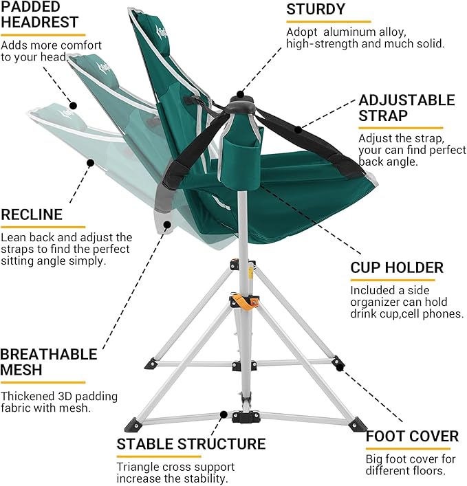 KingCamp Hammock Chair with Footrest, Swinging Portable Folding Camping Chairs for Adults MAX 400lbs Heavy Duty Foldable Oversized Rocker with Cup Holder Pillow for Outdoor Beach Patio Sport Lawn